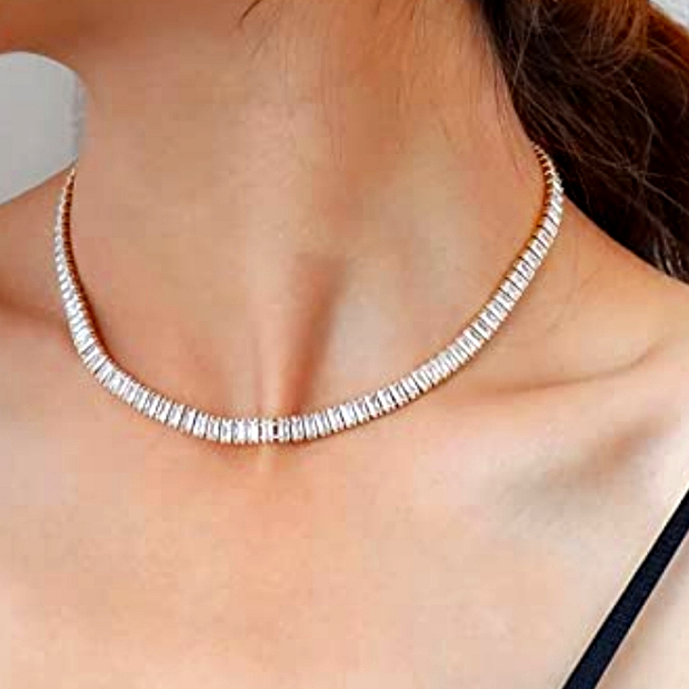 14k Yellow Gold Choker Tennis Necklace Emerald Cut Simulated Diamonds